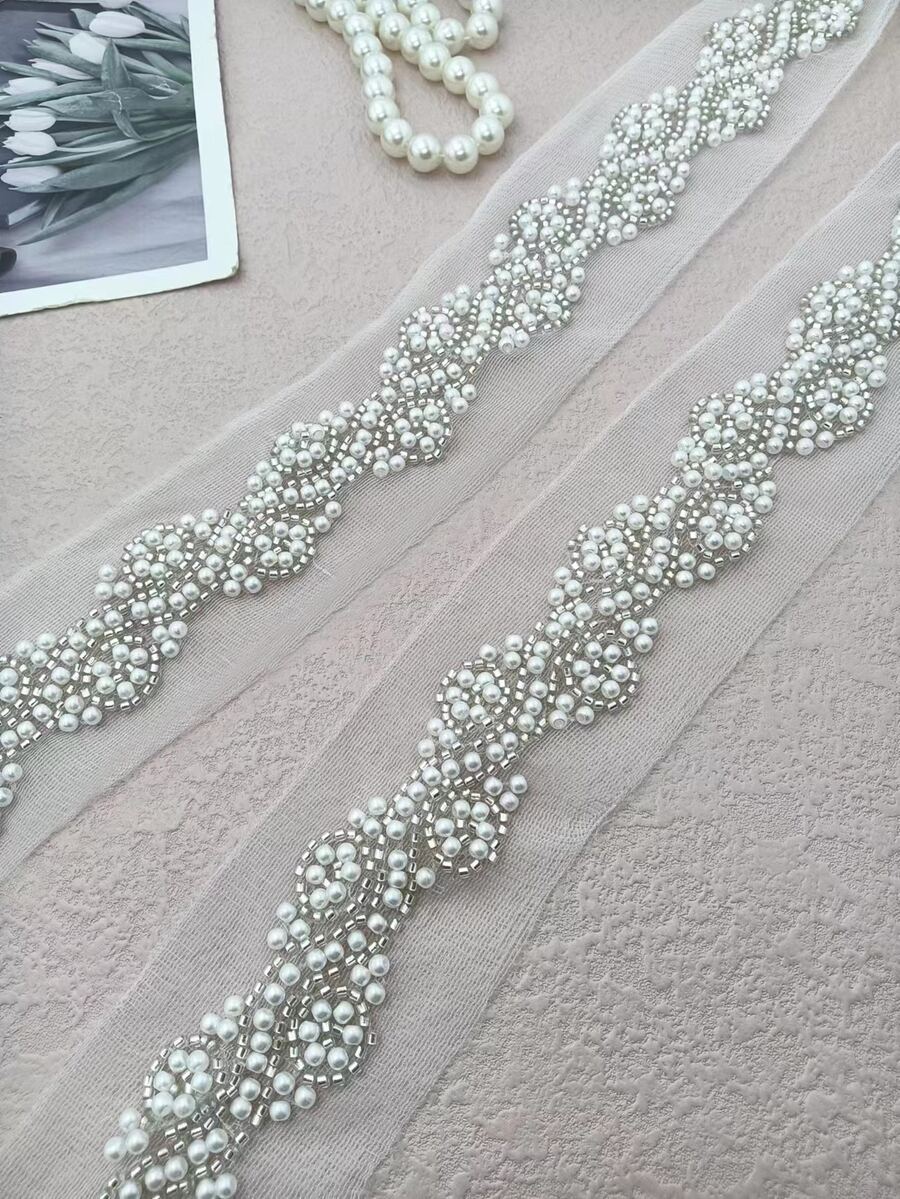 網狀編織珠鏈刺繡花邊織帶,適用於服飾配件裝飾 - 白色 - 查看 1