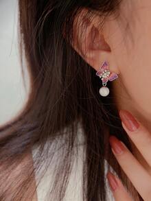 925純銀復古蝴蝶&珍珠耳環,時尚女性優雅耳墜