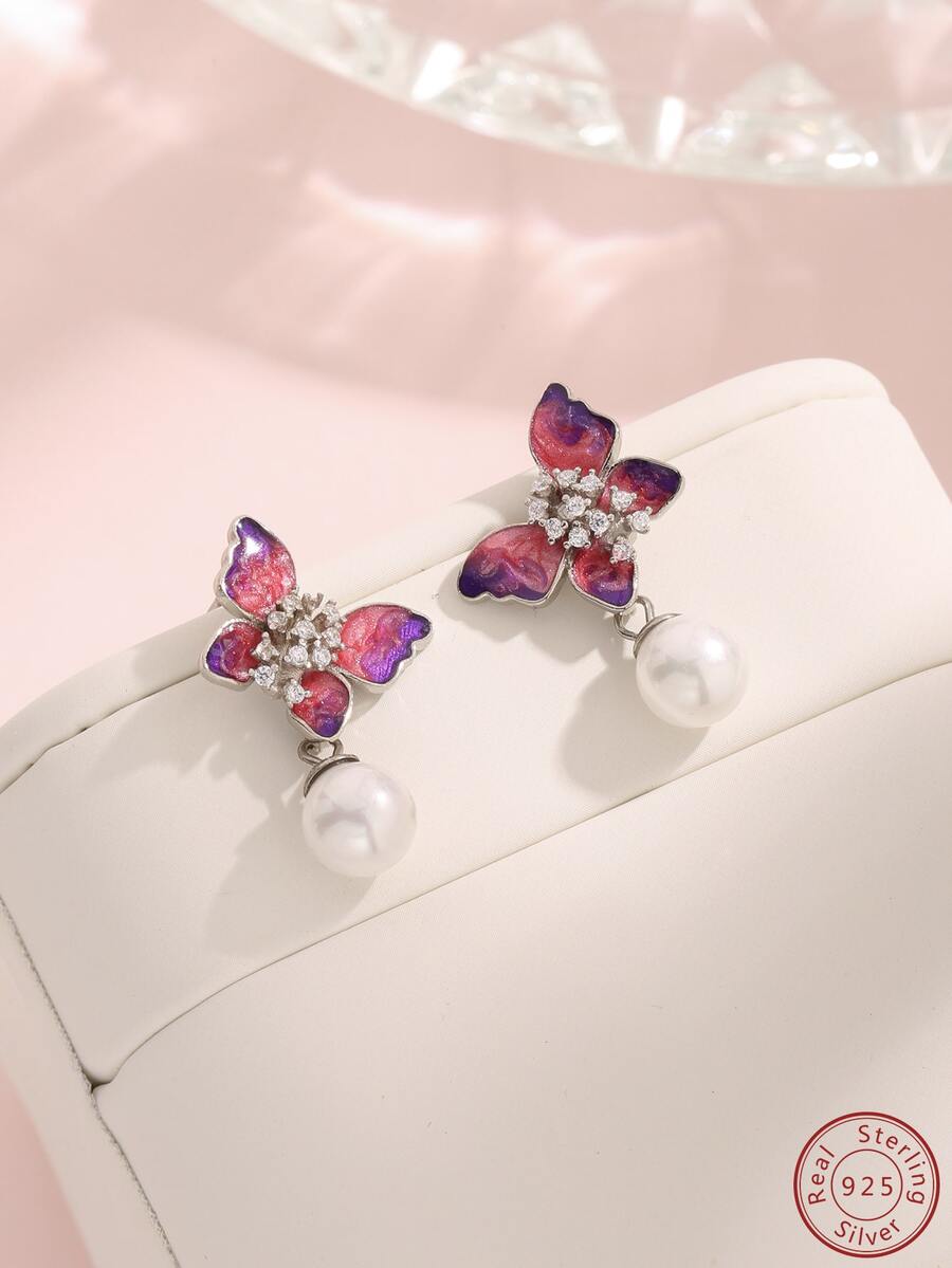 925純銀復古蝴蝶&珍珠耳環,時尚女性優雅耳墜