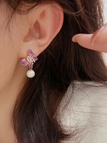 925純銀復古蝴蝶&珍珠耳環,時尚女性優雅耳墜