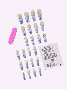 24pcs Long Ballerina Nails, Ombre Blue, French Style, Heart, Star, Rhinestone Decor, Full Cover, For Women And Girls - Blue - View 2