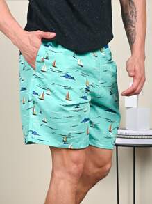 Bermuda Masculina Short Praia Estampado sem Ilhós e com Ajuste em Cordão - Multicolorido - Visão 3