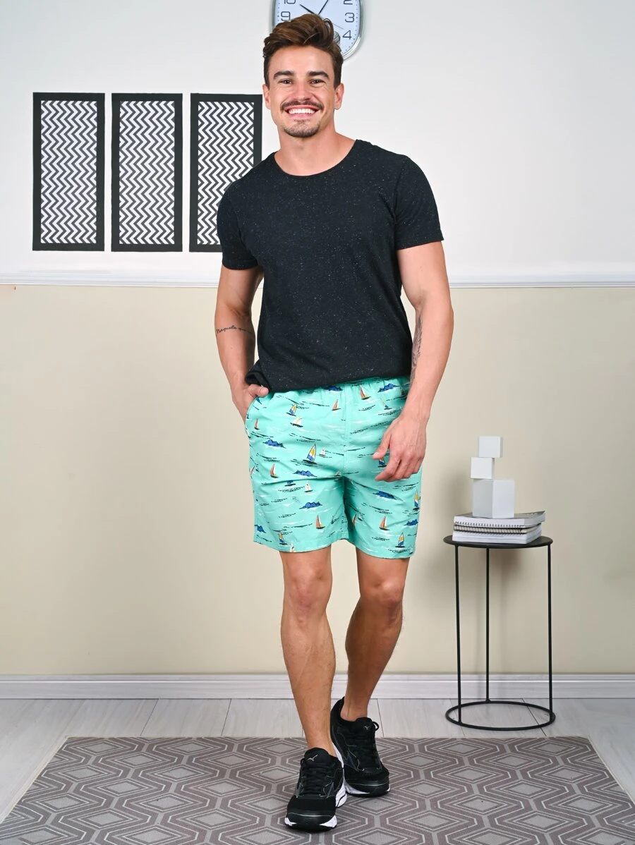 Bermuda Masculina Short Praia Estampado sem Ilhós e com Ajuste em Cordão - Multicolorido - Visão 1