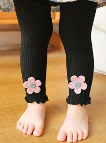 12个月-6岁女童婴儿打底裤，细竖条纹，脚印，向日葵荷叶边侧边七分裤 - 黑色 - 查看 1