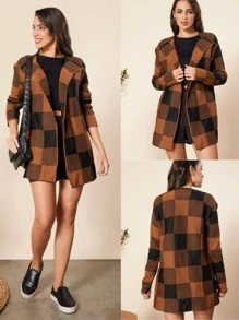 Casaco feminino tipo cardigan estampa xadrez, kimono de frio 2023 - Caramelo - Visão 1
