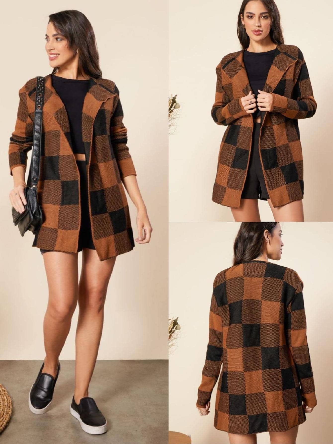 Casaco feminino tipo cardigan estampa xadrez, kimono de frio 2023 - Caramelo - Visão 1