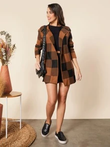 Casaco feminino tipo cardigan estampa xadrez, kimono de frio 2023 - Caramelo - Visão 2