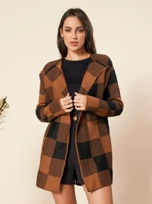 Casaco feminino tipo cardigan estampa xadrez, kimono de frio 2023 - Caramelo - Visão 3