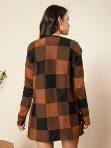 Casaco feminino tipo cardigan estampa xadrez, kimono de frio 2023 - Caramelo - Visão 4