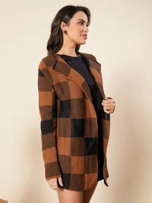Casaco feminino tipo cardigan estampa xadrez, kimono de frio 2023 - Caramelo - Visão 5