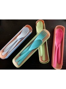 Set Cubiertos Portatiles Con Estuche Ecologicos Fibra Trigo Cuchara tenedor cuchillo estuche transportador comida - Rosa - Ver 6