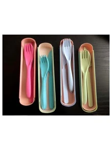 Set Cubiertos Portatiles Con Estuche Ecologicos Fibra Trigo Cuchara tenedor cuchillo estuche transportador comida - verde menta - Ver 1