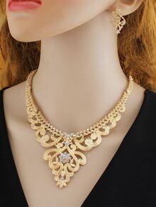 3入組/套婚禮優雅花卉圖案項鍊&耳環首飾套裝,合適的適合女士 - 金黃色 - 查看 1