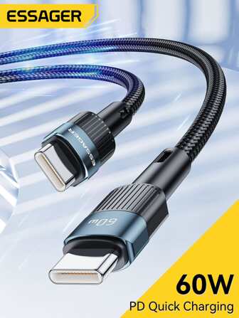  Essager 60W Type-C 转 Type-C 数据线 60W PD 快充充电器 USB-C 转 USB-C 数据线，适用于 POCO F3 和 Realme