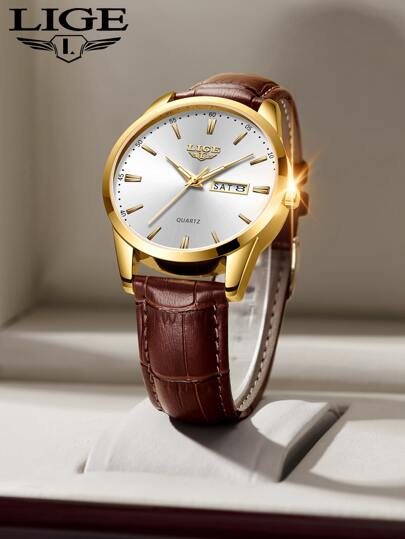 LIGE Män Round Dial Pointer Calendar Quartz Watch