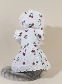 1pc Cherry Printed Skirt With Lace Edge Pet Clothes - Multicolor - View 4