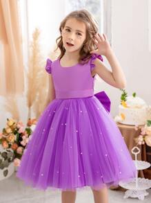 紫色荷叶边网眼圣诞派对礼服,优雅公主礼服,适合生日派对、婚礼、节日庆典、休闲日常穿着、花童礼服 - 紫色 - 查看 8