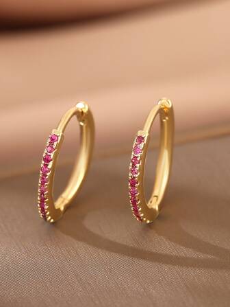 1 par Pendientes de tachuela cobre & rosado zirconia cúbica incrustado de moda & elegante redondo , perfecto para regalo de citas