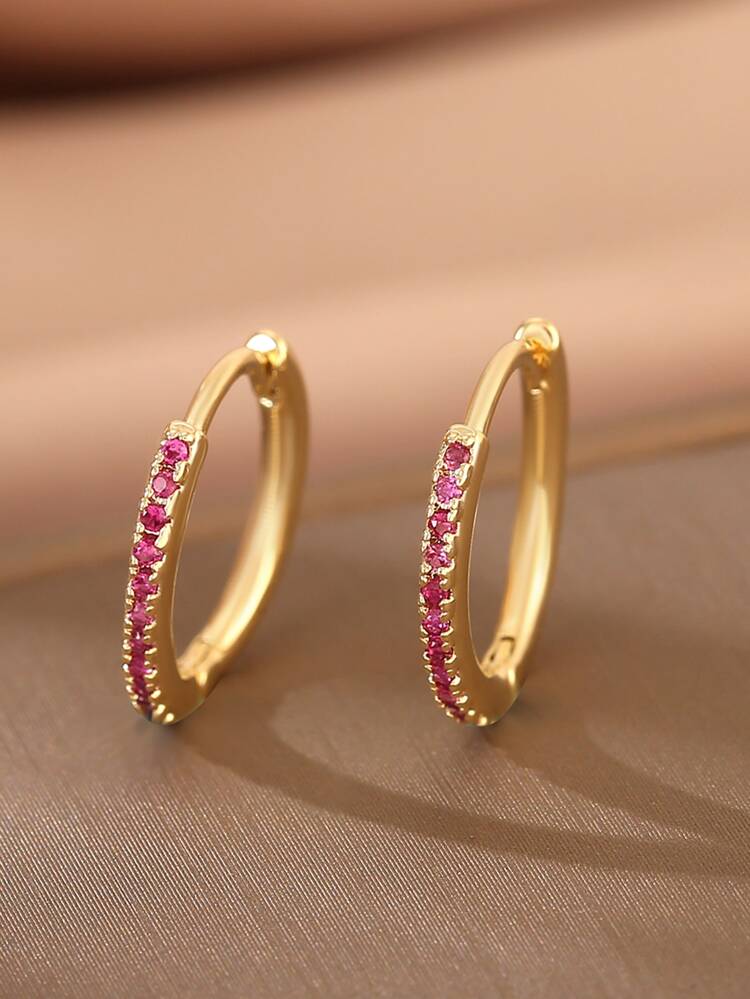 1pair Copper & Pink Cubic Zirconia Inlaid Fashionable & Elegant Round Stud Earrings, Perfect For Dating Gift