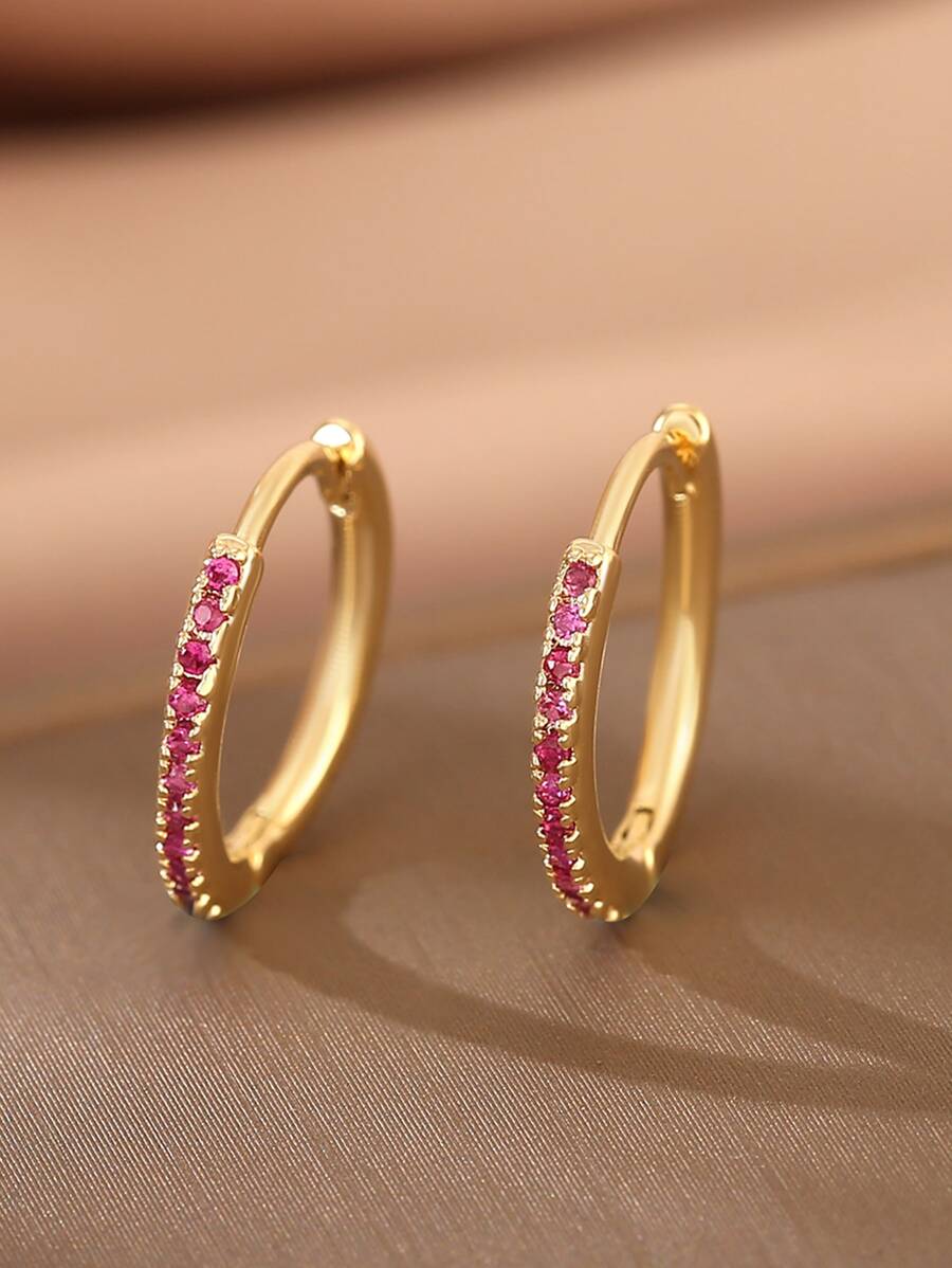 1 par Pendientes de tachuela cobre & rosado zirconia cúbica incrustado de moda & elegante redondo , perfecto para regalo de citas - Multicolor - Ver 1