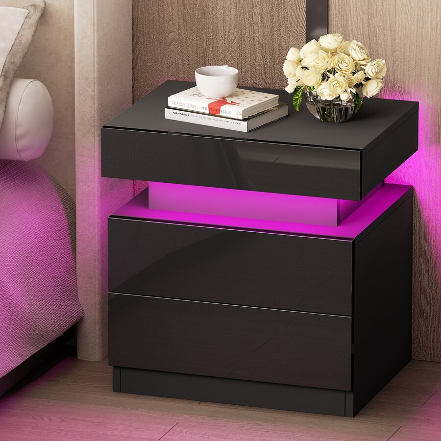 GINRGINR LED White Nightstand Table, 2 Drawer Bedside Table Storage, Versatile Night Stand With 1 Flapping Top Secret Storage Box, Modern End Table Wood For Bedroom, Dorm, Living Room, Hallway, Entryway, Storage Drawers With Black High Gloss Panel, 13.8"D X 17.7"W X 20.5"H, White, Black - màu đen - Xem 1