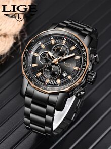 LIGE 1pc Black Stainless Steel Strap Business Date Chronograph Round Dial Quartz Watch, For Daily Life