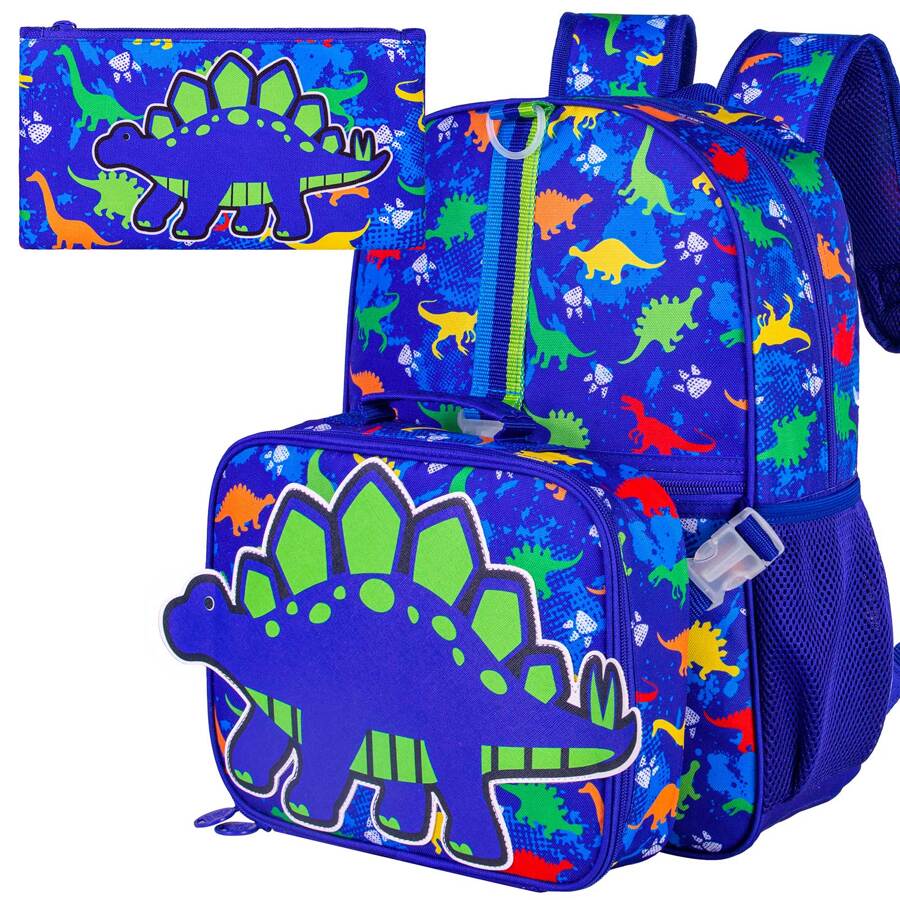 3PCS Dinosaur Backpack For Boys, 16"Kids Bookbag With Lunch Box, School Bag For Elementary Toddler - khủng long màu xanh - Xem 1
