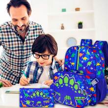 3PCS Dinosaur Backpack For Boys, 16"Kids Bookbag With Lunch Box, School Bag For Elementary Toddler - khủng long màu xanh - Xem 2