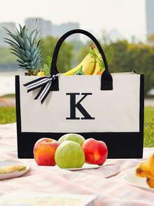 1套裝最初帆布托特包,個性化禮物包,合適適合婚禮,生日,海灘,假期,書包,是A偉大禮品適合女士,媽媽,教師,朋友們,伴娘,學生,大包,返校,圍巾隨機,老師托特包 - 黑與白 - 查看 3