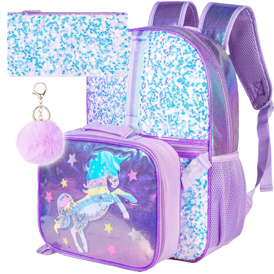 3PCS Unicorn Backpack, 16"Kids Sequin Bookbag For Girls With Lunch Box ...