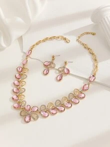 3pcs Màu hồng Kim cương Thiết kế hoa Bộ trang sức Bao gồm Hoa tai Và Dây chuyền Đối với phụ nữ - Nhiều màu - Xem 5