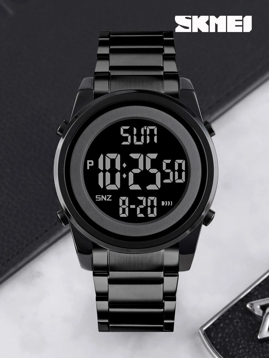 Skmei 1 pieza Reloj digital con esfera redonda resistente al agua con calendario de fecha comercial y correa de acero inoxidable negro, para la vida diaria - Negro - Ver 1