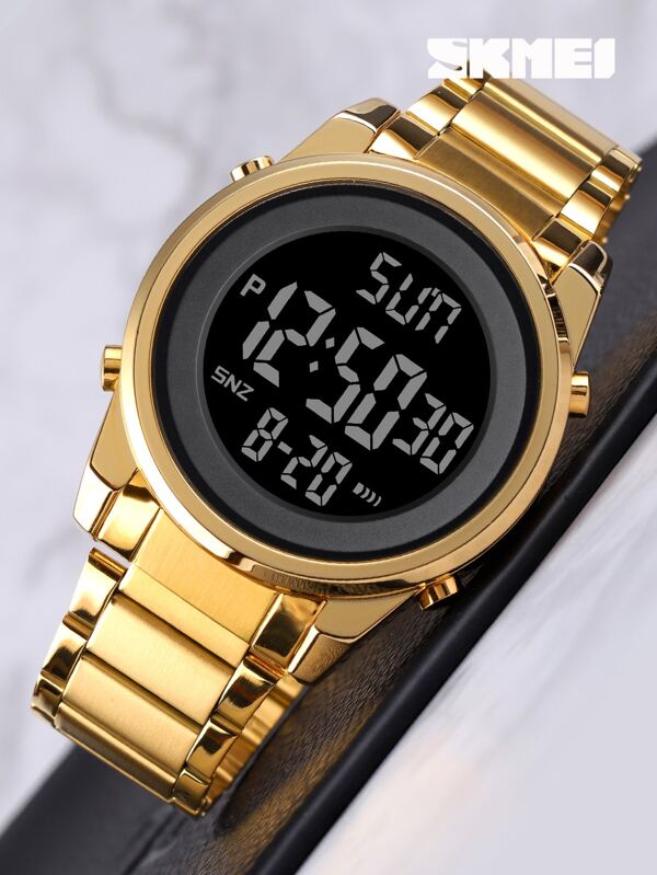 Skmei 1pc Men Gold Stainless Steel Strap Business Date Calendar Water Resistant Round Dial Digital Watch, For Daily Life
