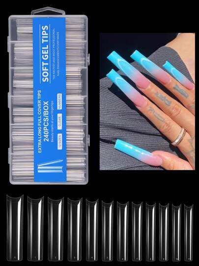 240PCS No C Curve Clear Nail Tips For Acrylic Nails Professional, 3XL Extra Long, Removable 12 Sizes Half Cover Straight Tapered Square French Fake Nail Tips For Nail Salons Home DIY Ideal Gifts