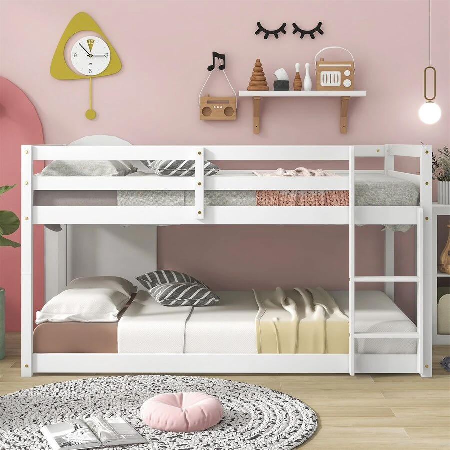 Twin over Twin Floor Bunk Bed, White - 白色 - 查看 1