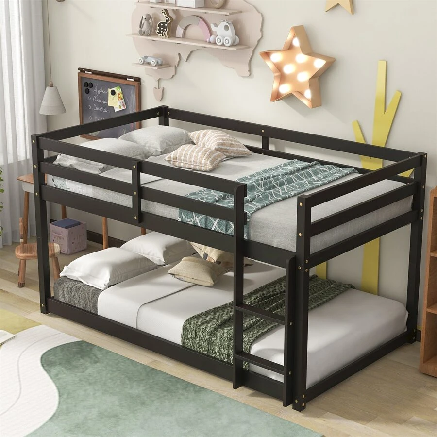 Twin over Twin Floor Bunk Bed, White - 黑色 - 查看 1