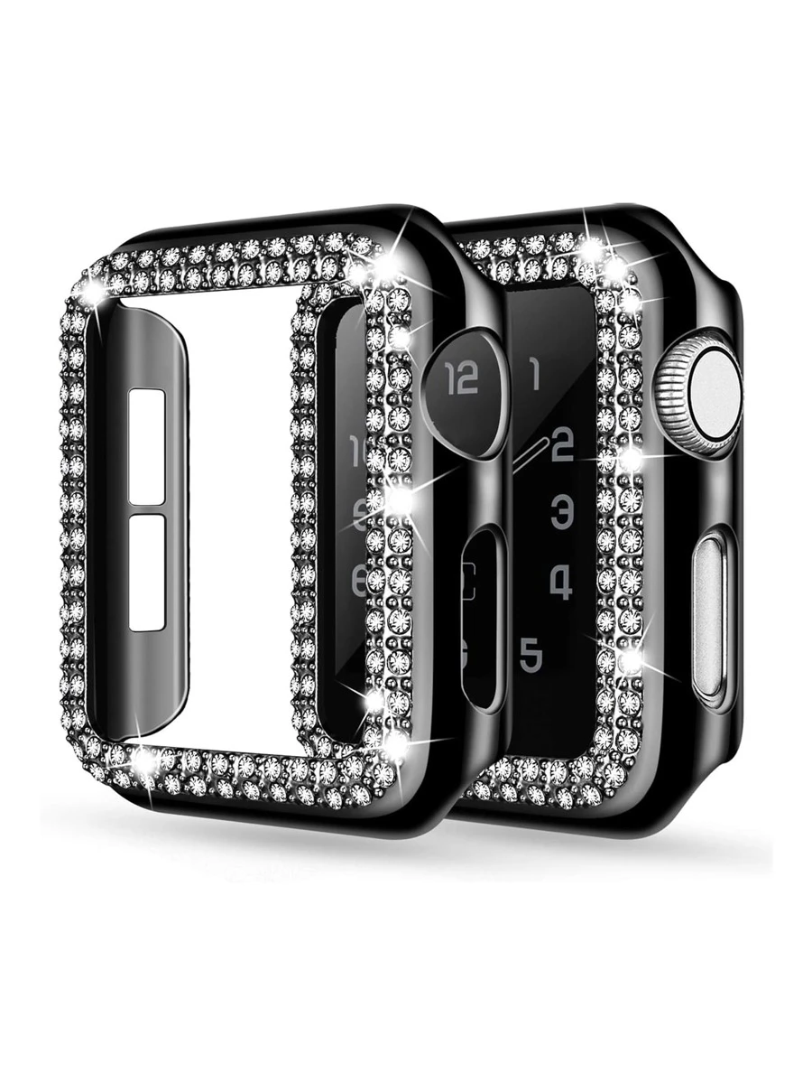 手表保护壳适用于 Ultra3/21 系列 S10/S9 Se 8 7 6 5 4 3 2 1 防撞水晶闪亮钻石 Bling PC 硬质材料 38mm 40mm 41mm 42mm 44mm 45mm 49mm 黑金玫瑰金银色彩色装饰女士手表保护套 - 黑色 - 查看 1