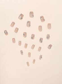 Bộ 24 móng tay hình vuông ngắn sang trọng đầy đủ kim cương, bao gồm 1 dũa móng tay & 1 cái bấm keo thạch trên móng tay Đồ dùng làm móng - Màu be - Xem 4