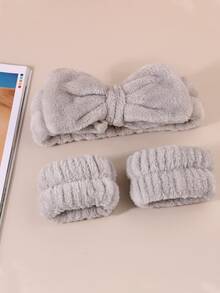 1套毛絨手帶用於洗臉，吸水和吸汗珊瑚絨防水SPA頭帶（隨機顏色） - 米色 - 查看 6