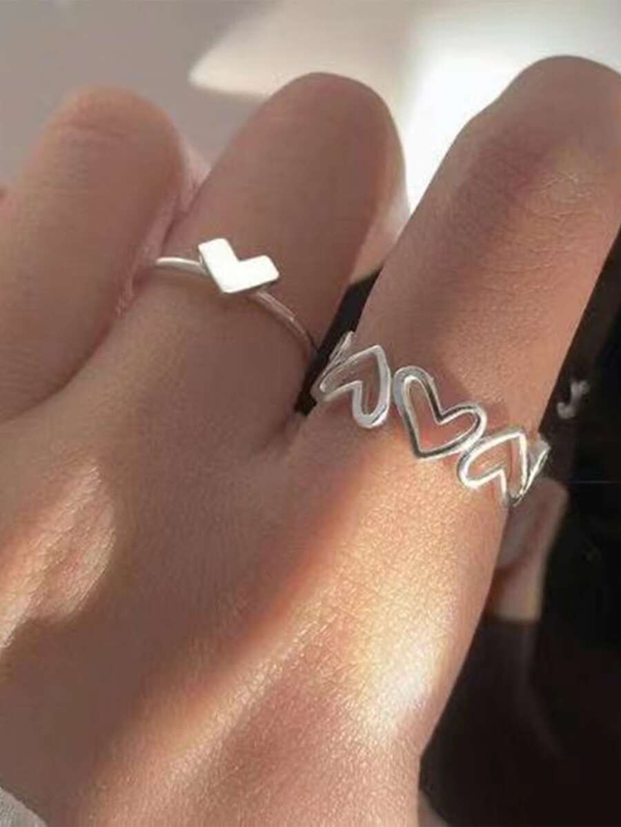 Set 2 1 plata tono con corazón dedo anillos para dama regalo - Plateado - Ver 1