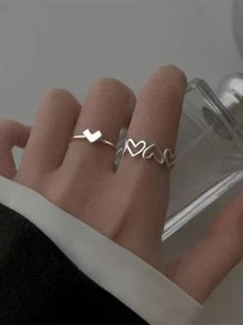 Set 2 1 plata tono con corazón dedo anillos para dama regalo - Plateado - Ver 3
