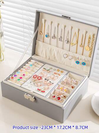 燈灰色的歐式風雙層大容量首飾收納盒帶隔間適用於耳釘,項鍊,環,配件展示