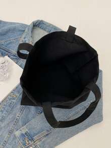 señoras Bolso tote con con estampado de letra plegable de lona Bolsa de compra - Negro - Ver 9
