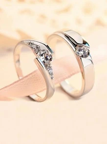 1 par/2 piezas pareja anillos Set , inoxidable abierto diamante incrustado ajustable Anillo de boda - Plateado - Ver 2