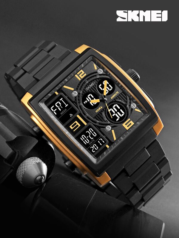 Skmei SKMEI 1pc Black TPU Strap Vintage Stopwatch Water Resistant Calendar 24 Hour Square Dial Digital Watch, For Daily Life