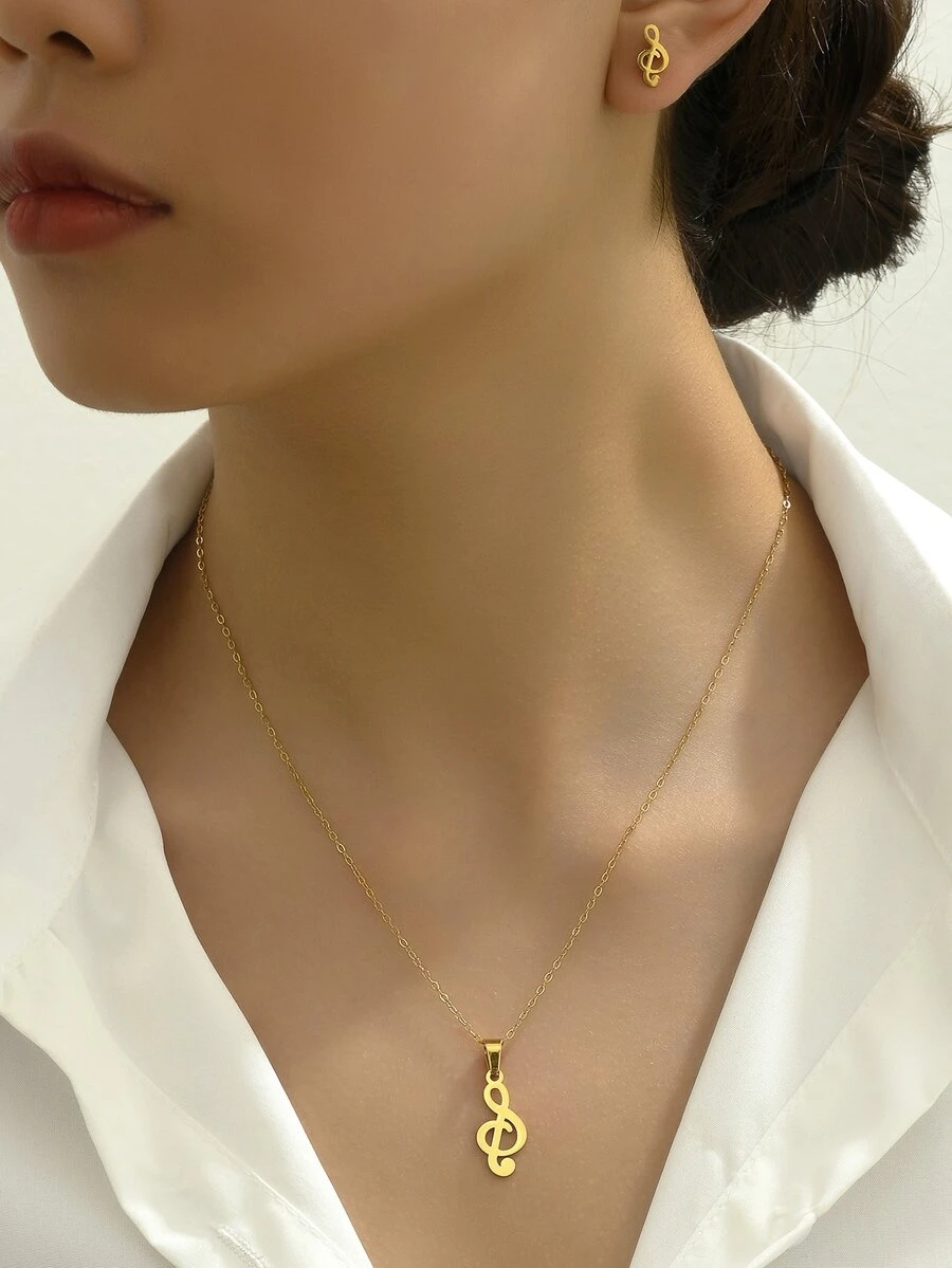3pcs/set Stainless Steel Musical Note Pendant Necklace And Earrings Jewelry Set For Women - Yellow Gold - View 1
