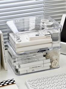 1pc Transparent Ps Stationery Storage Box, With Dustproof Cover, Desktop Drawer Multi-purpose Sundries Sorting Box, Tea Set Storage Box, Desktop Bookshelf - Multicolor - View 5
