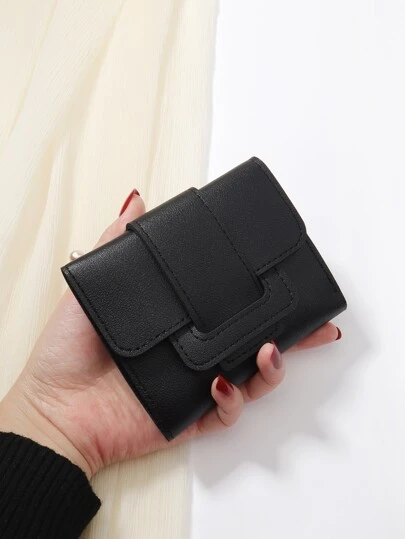 1 件黑色腰带设计装饰 PU 便携式三折翻盖，带多个卡槽，照片槽，短钱包，卡包，信用卡包，适合日常使用，工作和约会礼物，商务休闲学校用品，教师礼物，返校，女士钱包，钱包，小钱包