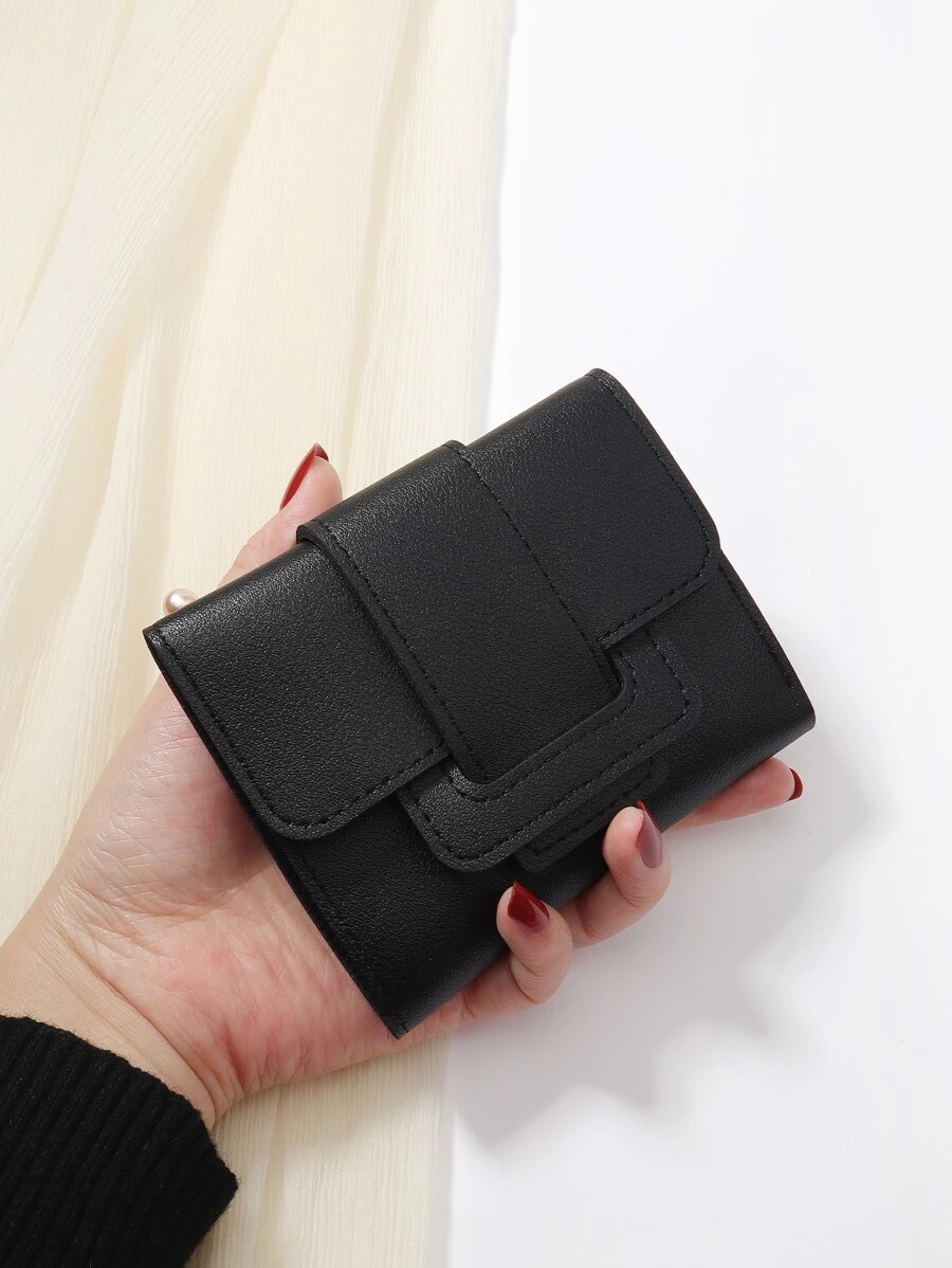 1 Stück schwarze Gürtel Design Dekoration PU tragbare dreifach gefaltete Lasche mit mehreren Kartenschlitzen Fotohaltern Kurzbörse Kartentasche Kreditkartentasche, geeignet für täglichen Gebrauch, Arbeit und Dating Geschenke, Business Lässig, Schul-Utensilien, Lehrergeschenke, Schulanfang für Damen Geldbörse, Portemonnaie, kleine Geldbörse - Schwarz - Übersicht 1