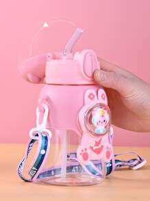 goodfell 1pc Children's Portable Strap Water Bottle, Summer Cute Bear Shaped Plastic Cup, Anti-Fall Straw Cup, Baby Water Kettle, For Outdoor, Camping - Pink - View 5